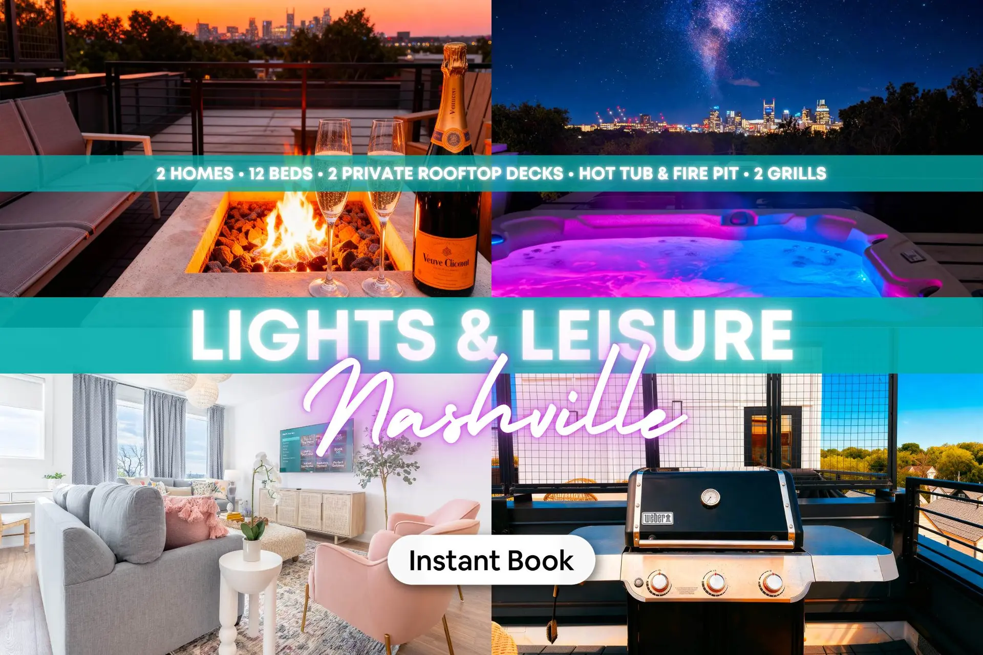 Nashville lights & leisure: luxury rooftop decks, hot tub, fire pit, grill, and stylish interiors.