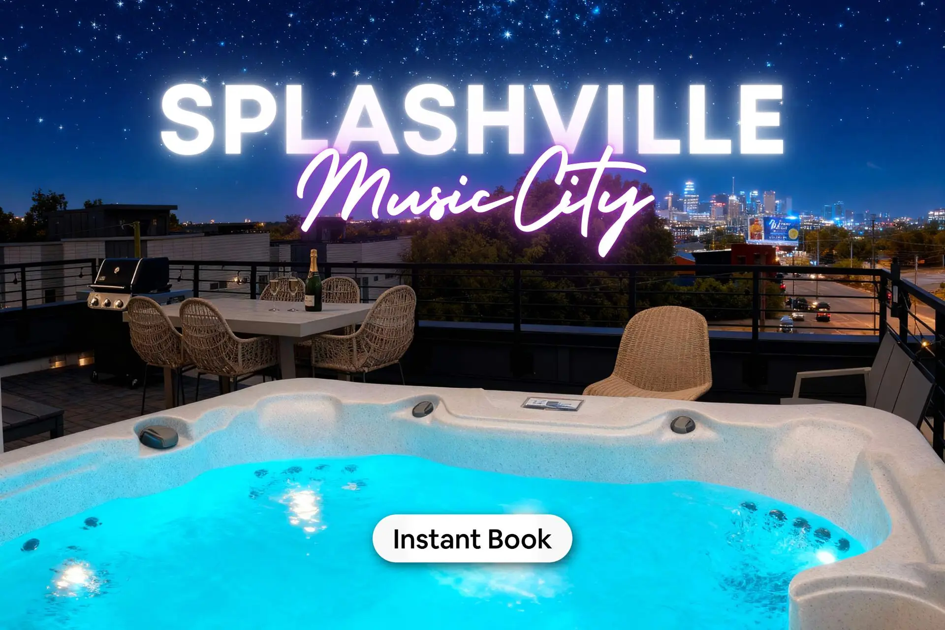 Hot tub on a rooftop patio in Nashville with "Splashville Music City" text overlay.