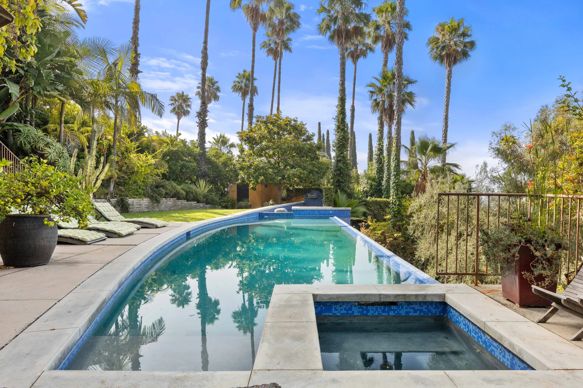A large, kidney-shaped swimming pool with a spa in a lush, tropical backyard with palm trees.
