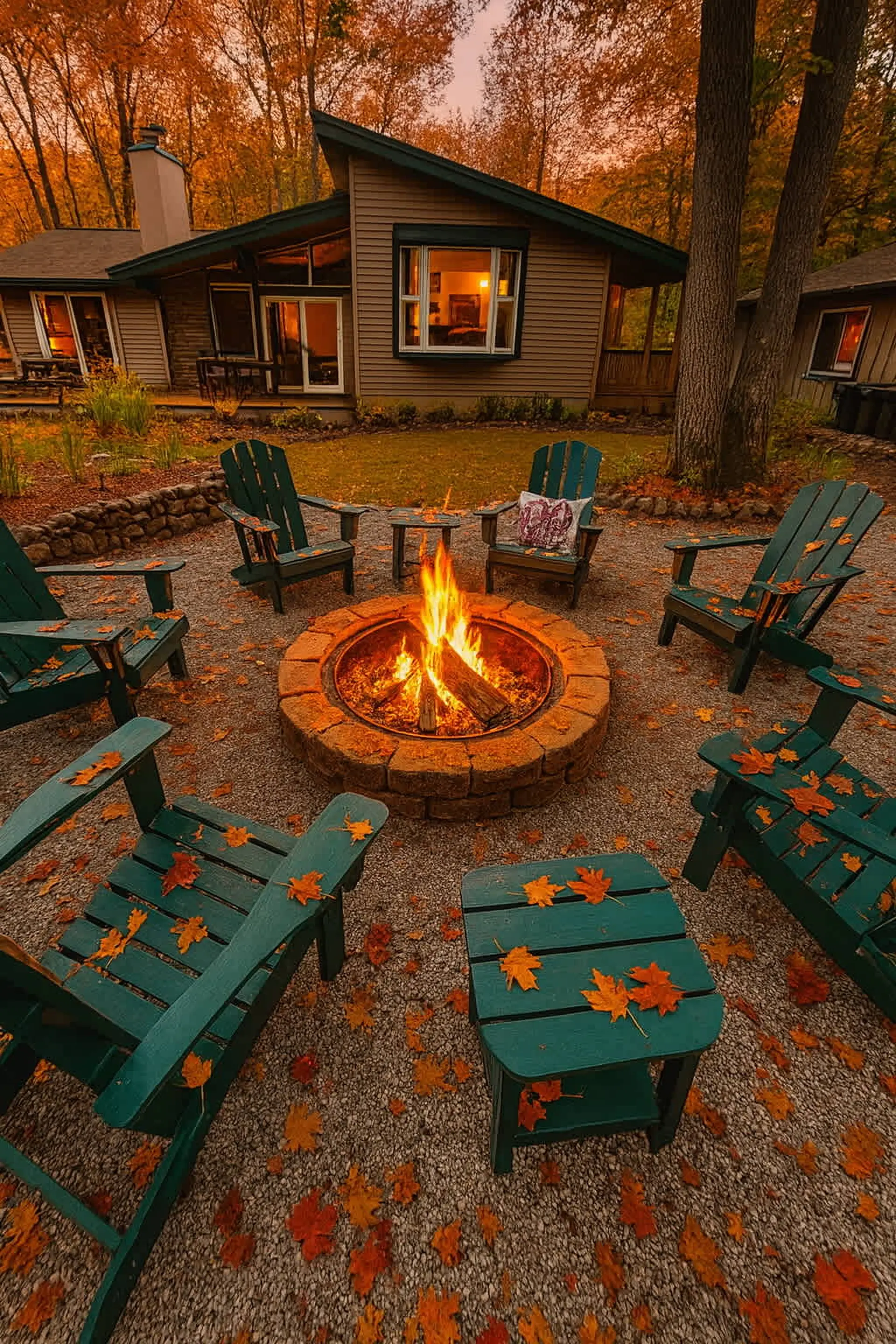 Cozy fire pit surrounded by Adirondack chairs and autumn leaves.
