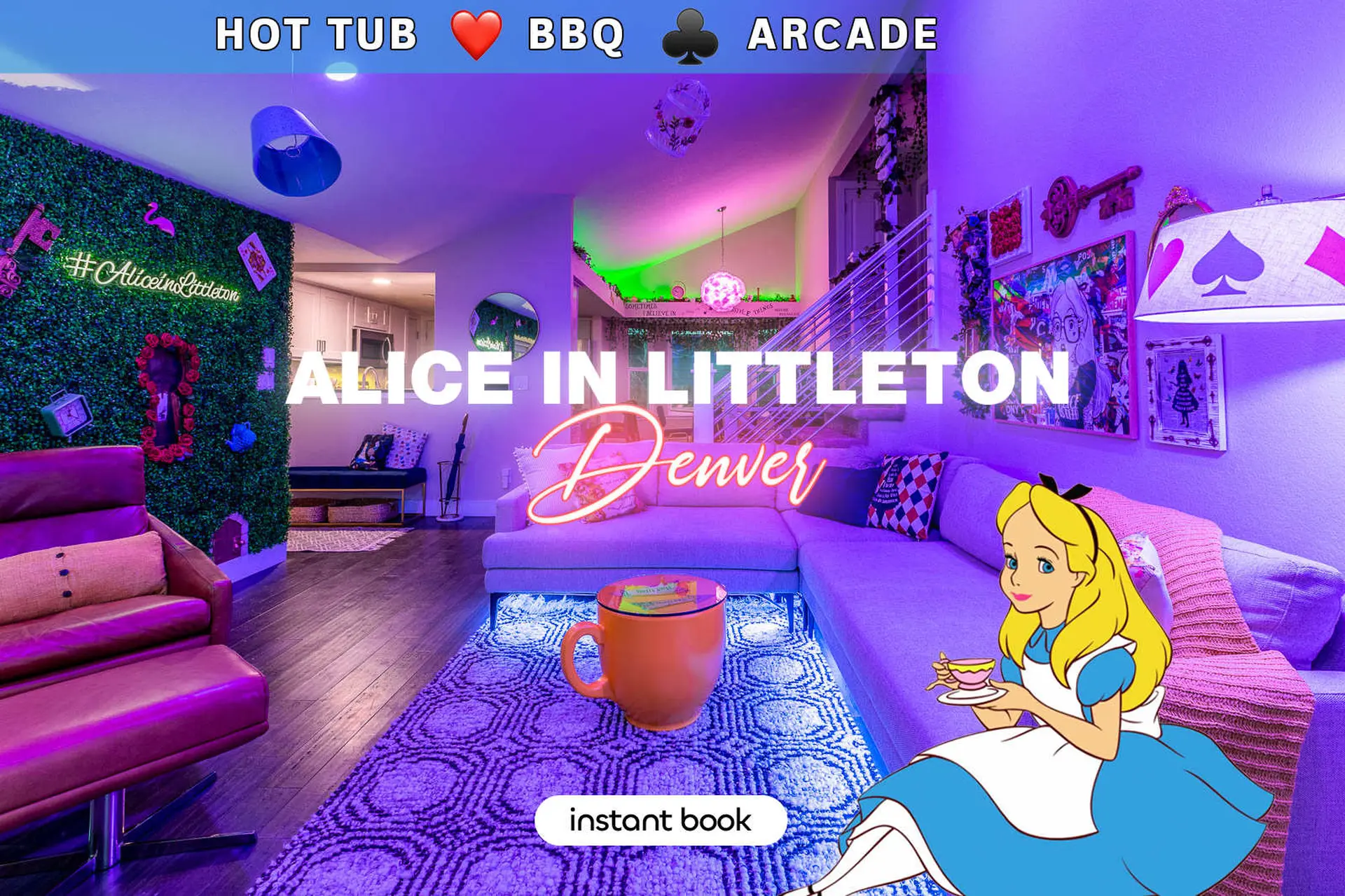 Living room with "Alice in Littleton Denver" neon sign, Alice in Wonderland decor, and Alice charact