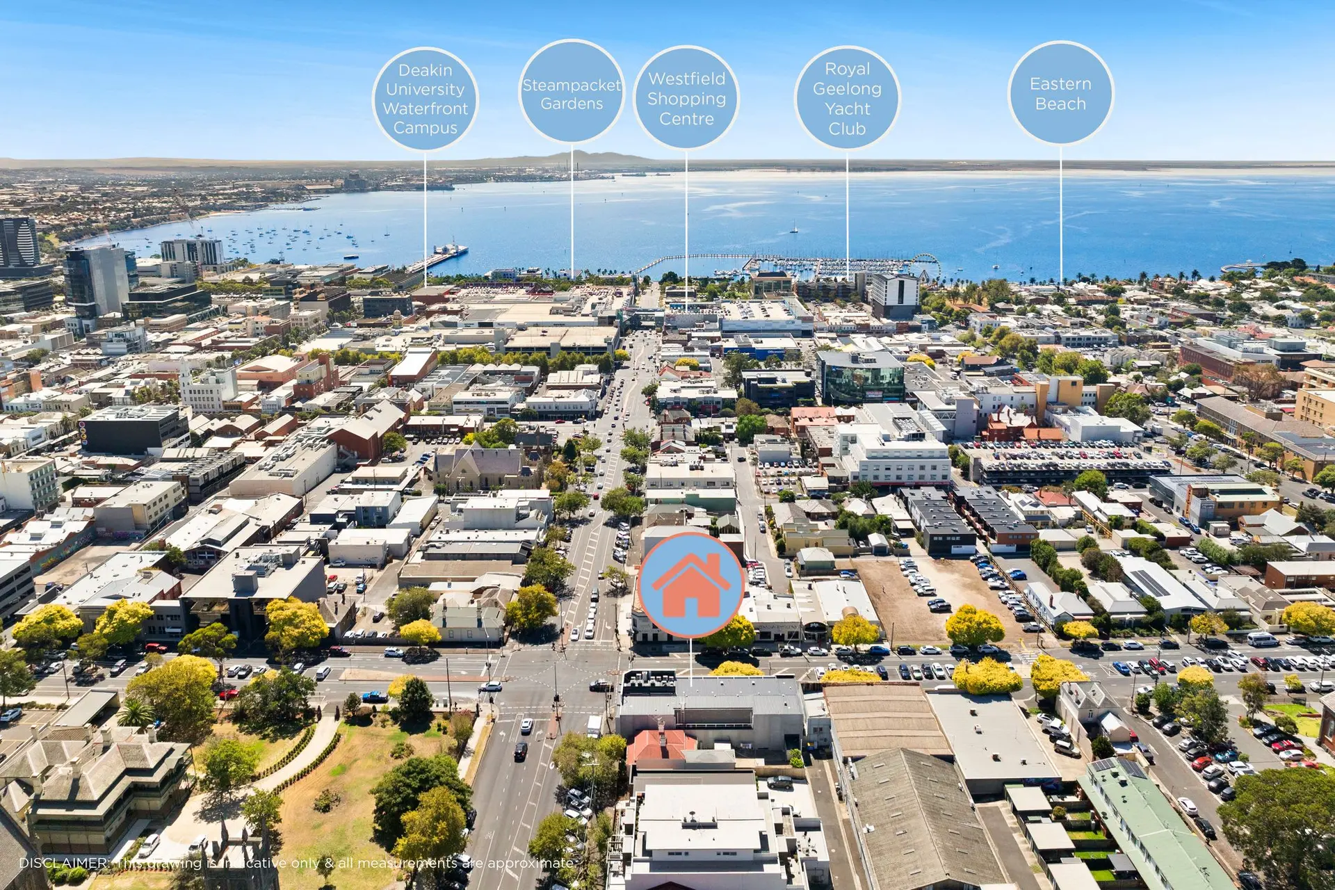 Aerial view of Geelong CBD with labels for Deakin University, Steampacket Gardens, Westfield, Royal 