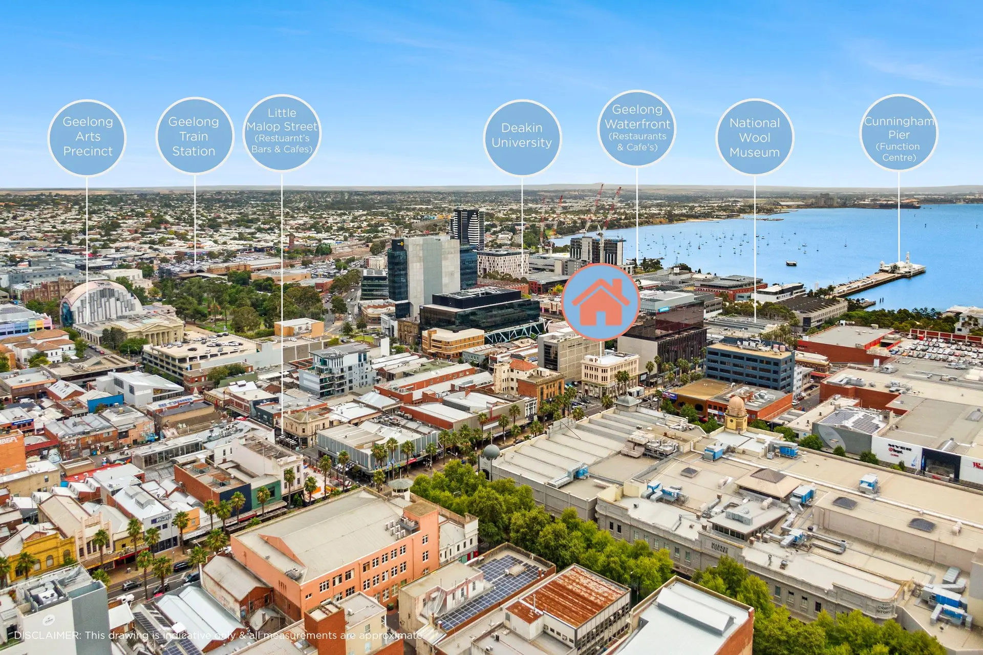 Aerial view of Geelong CBD with points of interest marked.