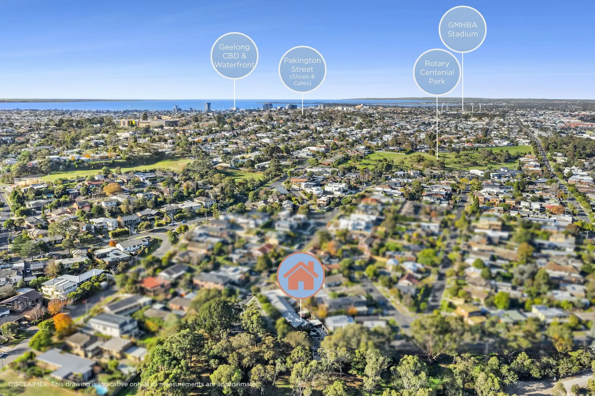 Aerial view of a suburban neighborhood with points of interest labeled.