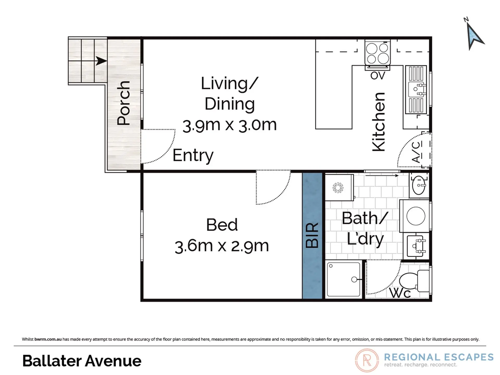 Floor plan of a one-bedroom apartment with living/dining, kitchen, bath/laundry, and porch.
