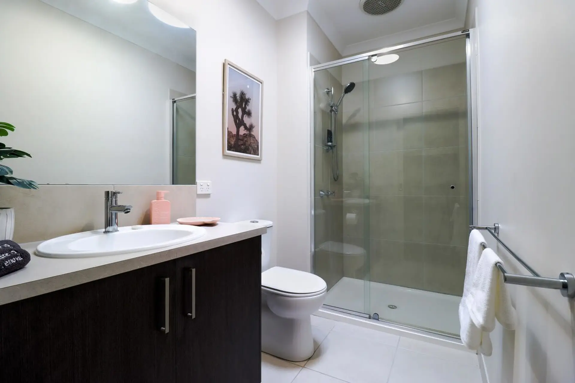 A bathroom vanity with a sink and mirror, a toilet, and a shower stall.