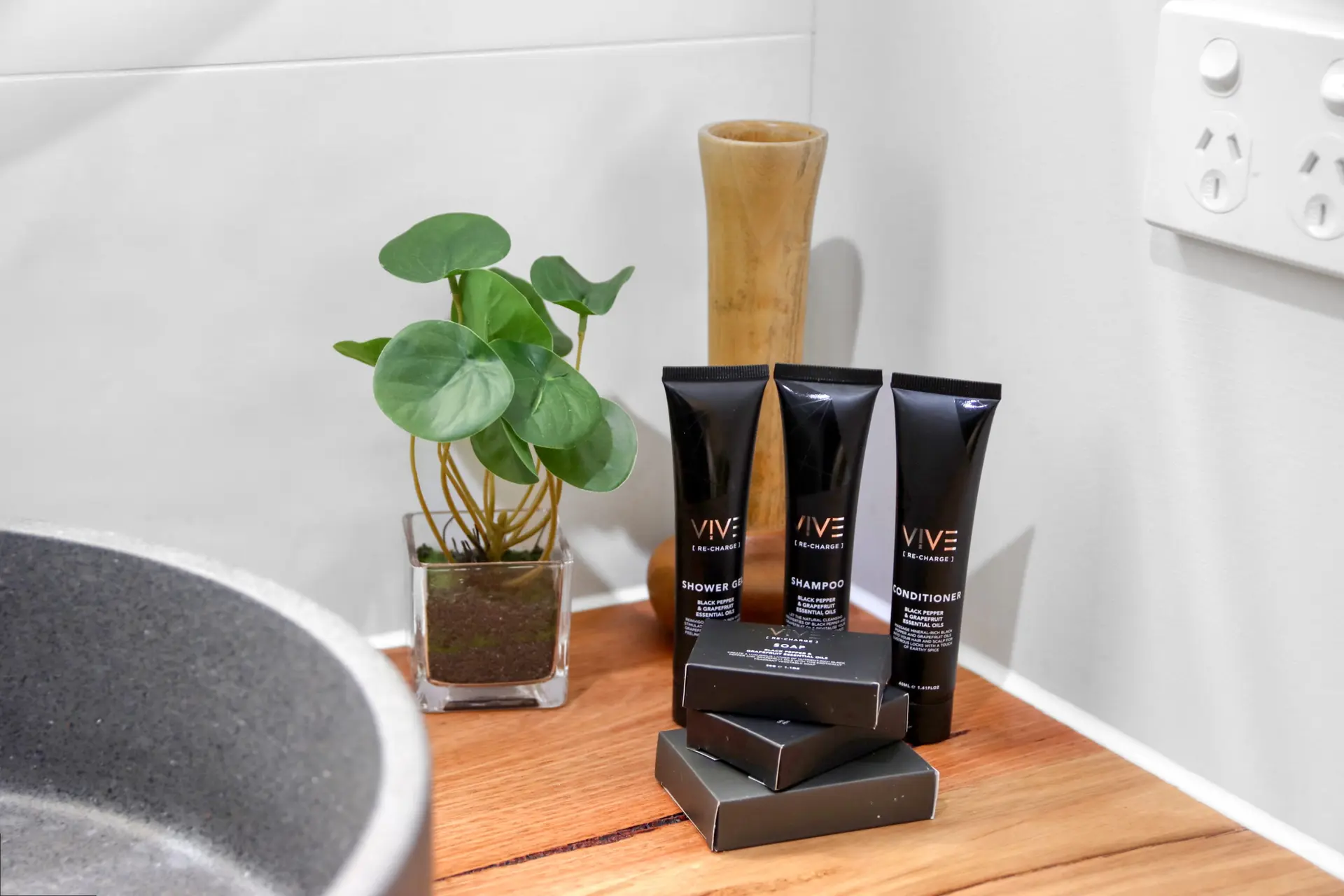 Three black bottles of VIVE shower gel, shampoo, and conditioner with a small plant and bar soaps.
