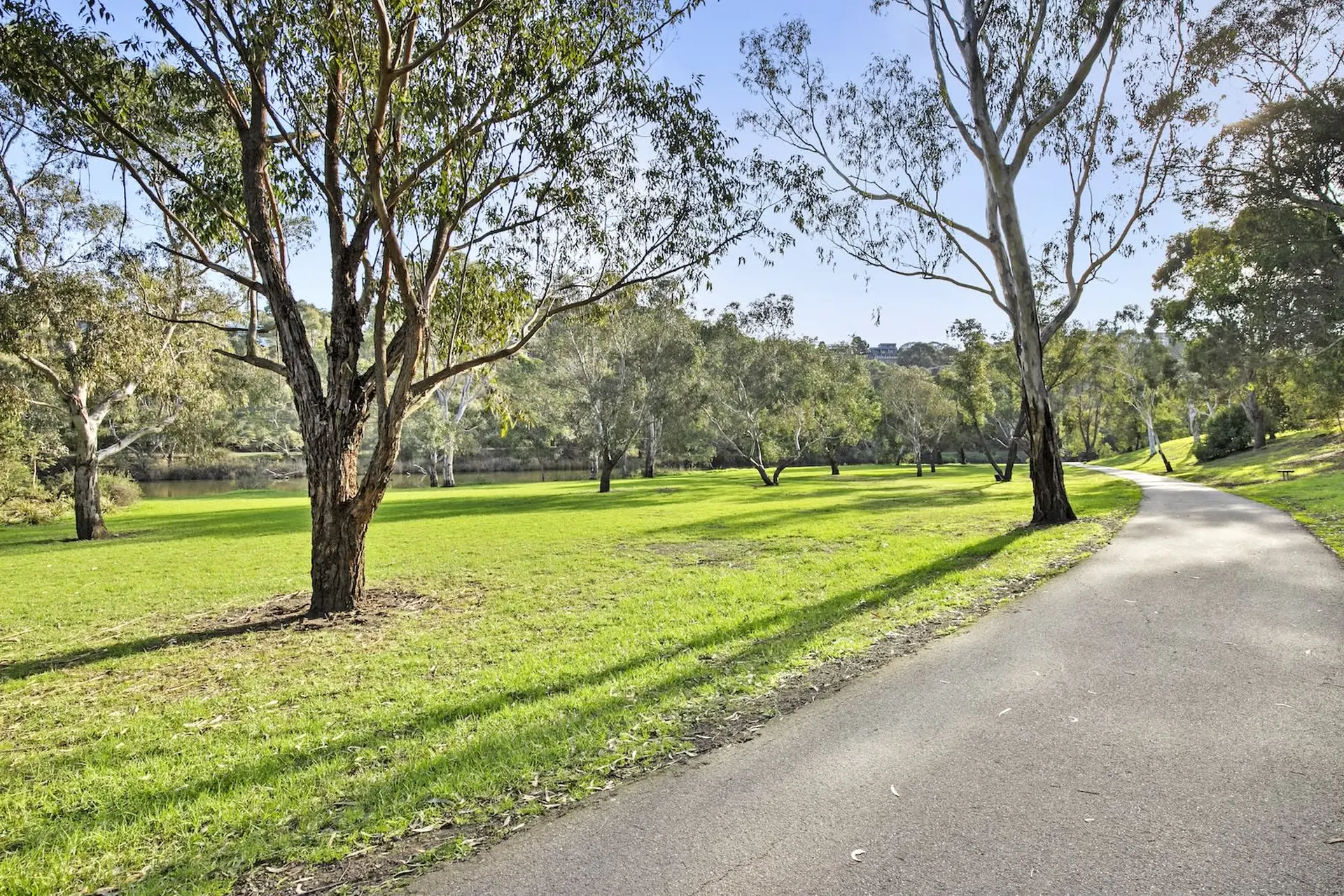 A winding path curves through a grassy park with trees lining a gentle slope and a river in the dist