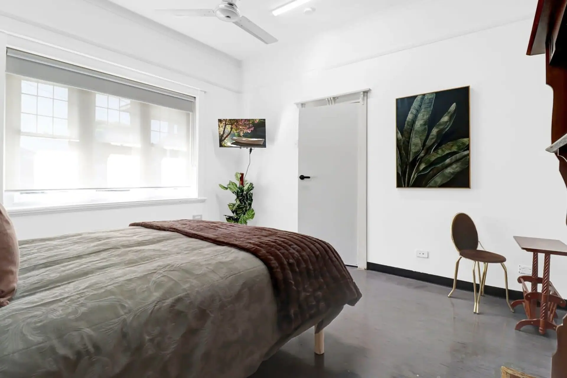 A modern bedroom with a king size bed, dark wood flooring, and a decorative plant.