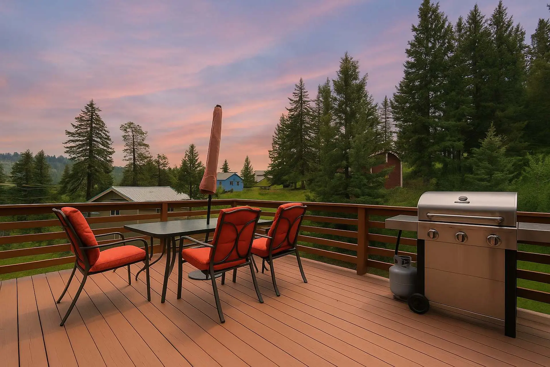 Outdoor deck with seating and grill, overlooking a forest of pine trees and distant homes at sunset.