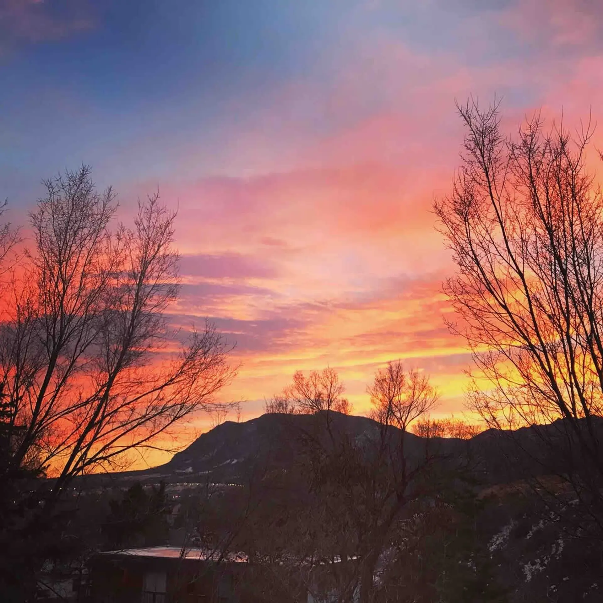 Sunset with colorful clouds and bare trees in silhouette against a mountain landscape.