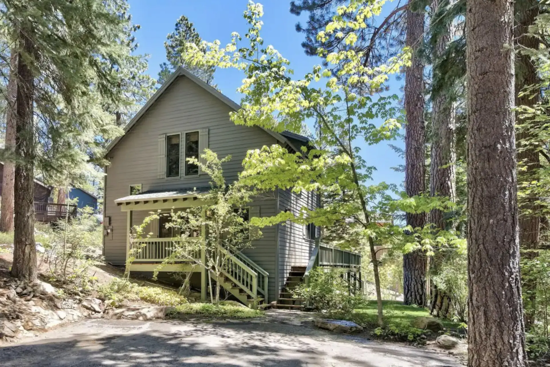 A gray house nestled among tall trees.