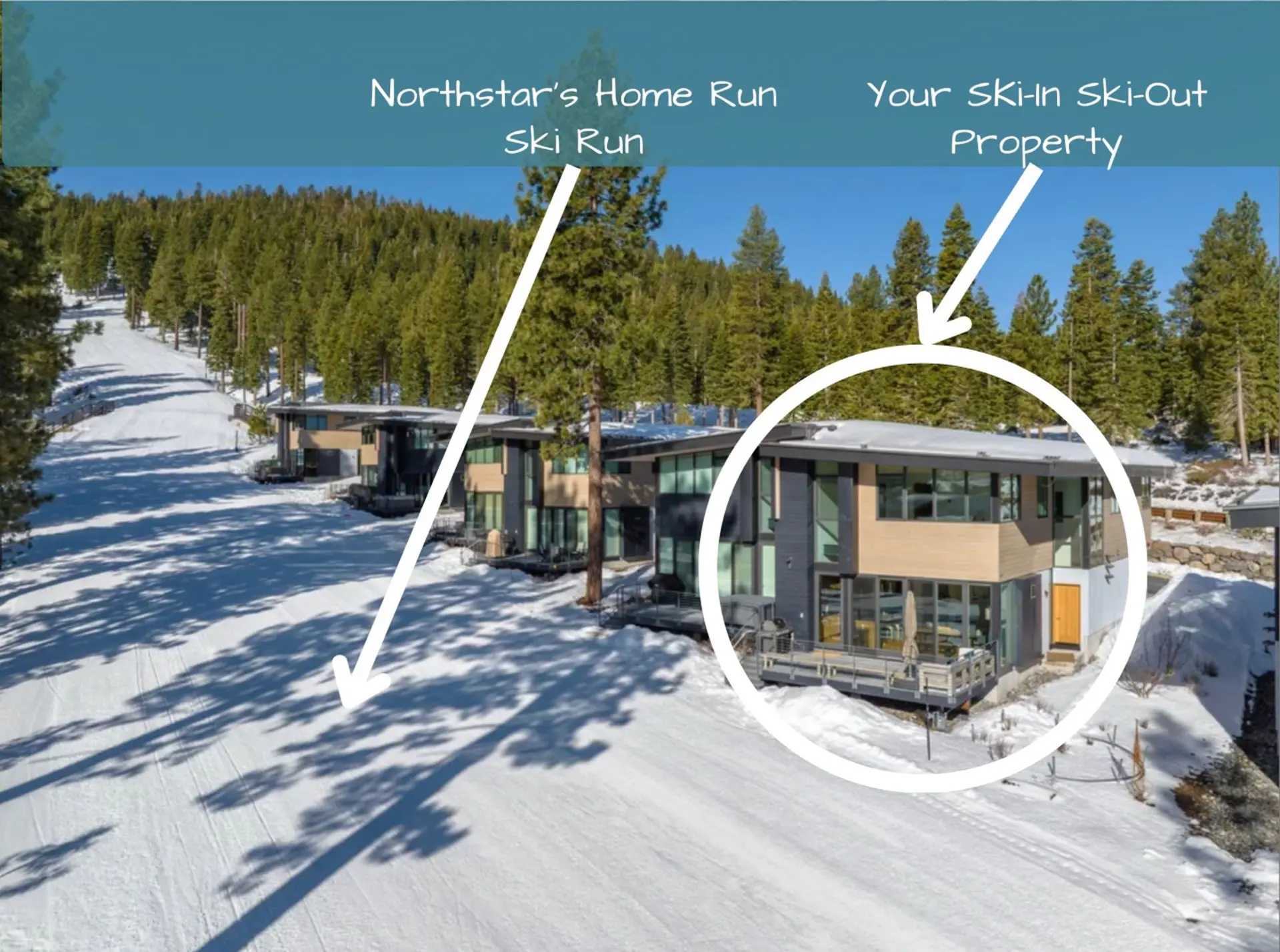 Modern ski-in/ski-out homes in a snowy forest at Northstar, California.