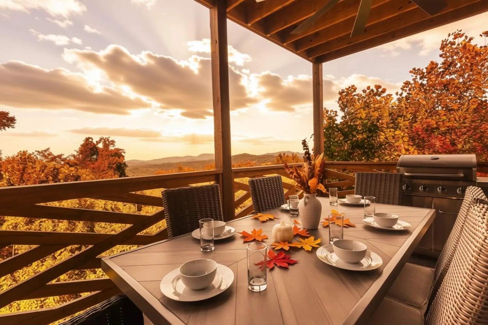 A dining table is set on a porch overlooking autumn foliage and mountains at sunset.
