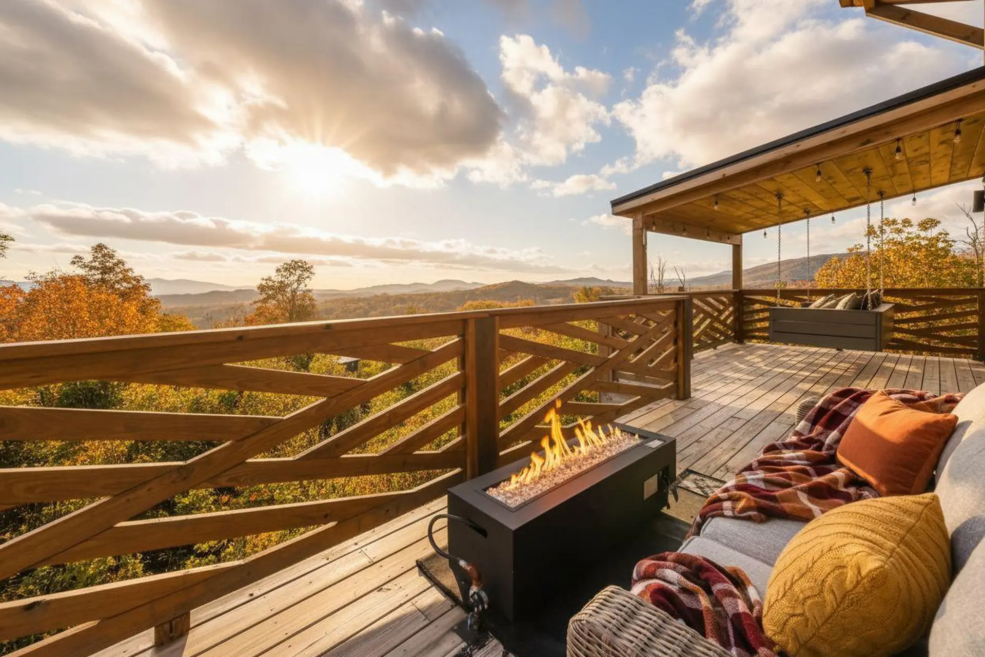 A cozy deck with a fire pit and mountain views.