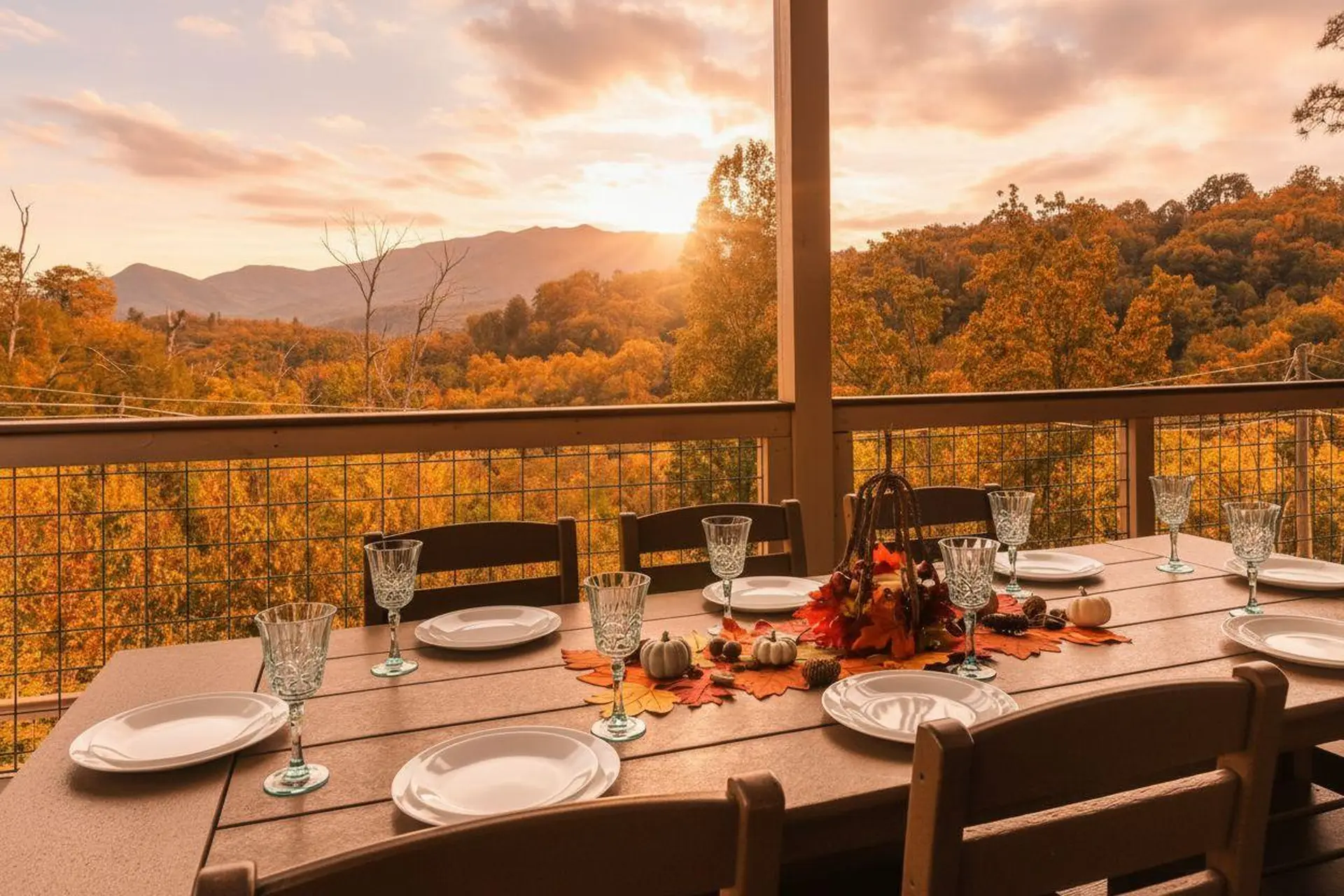 A beautifully set table for dinner on a deck overlooks a mountain range in autumn.