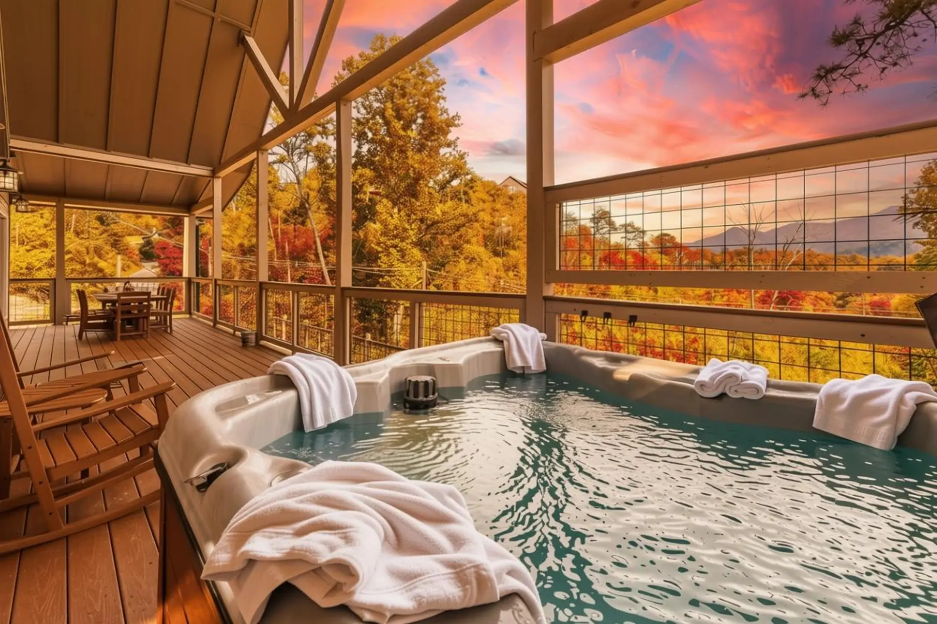 Hot tub on a deck overlooking a colorful autumn forest with a dramatic sunset sky.