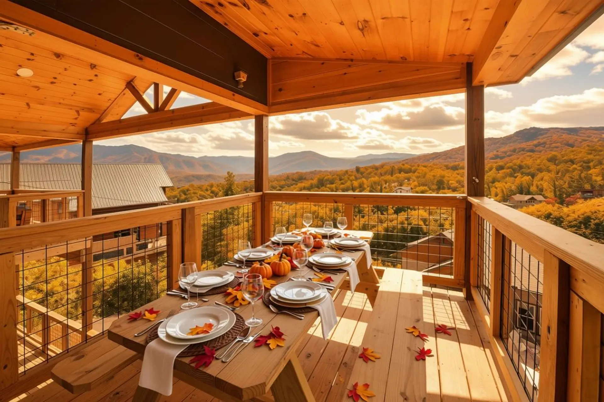 A rustic wooden picnic table with place settings and pumpkins sits on a deck overlooking autumn foli