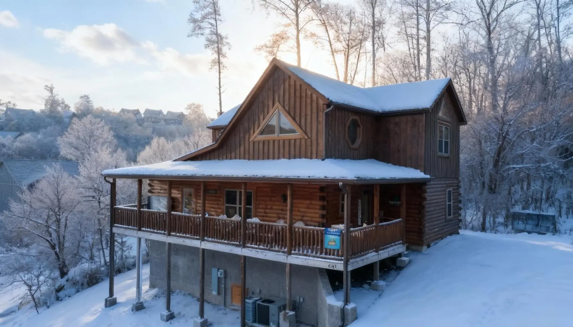 A wooden cabin in the snow with a wrap-around porch and trees in the background.