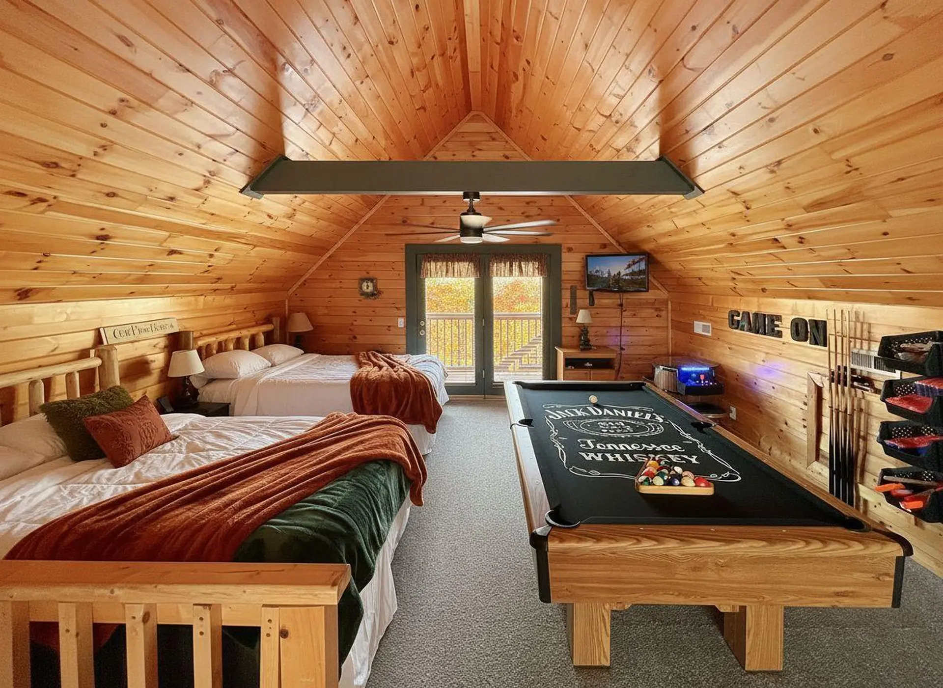 A rustic bedroom suite with two beds and a pool table.