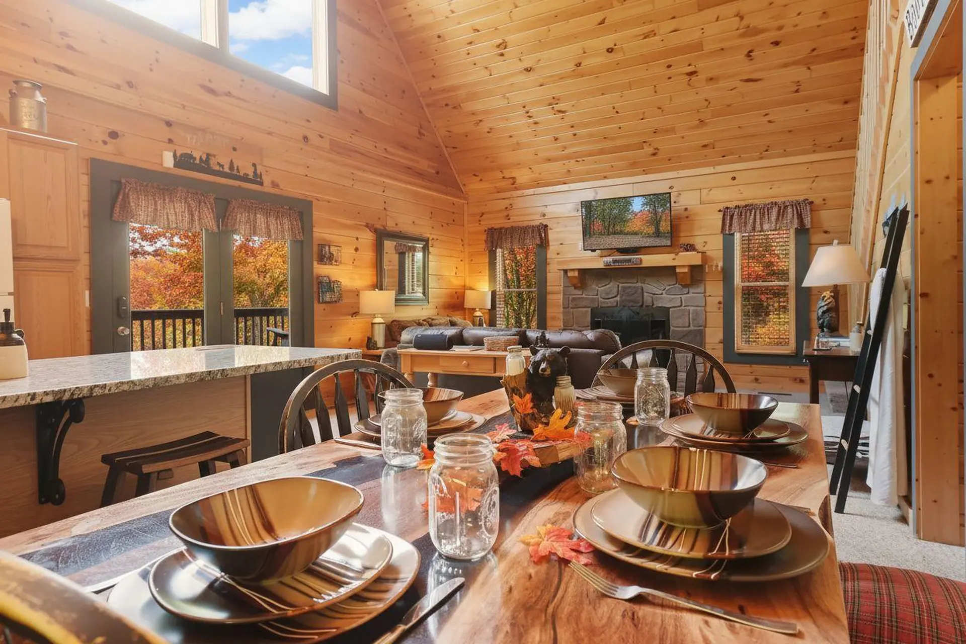 A rustic dining table is set for a meal in a log cabin.