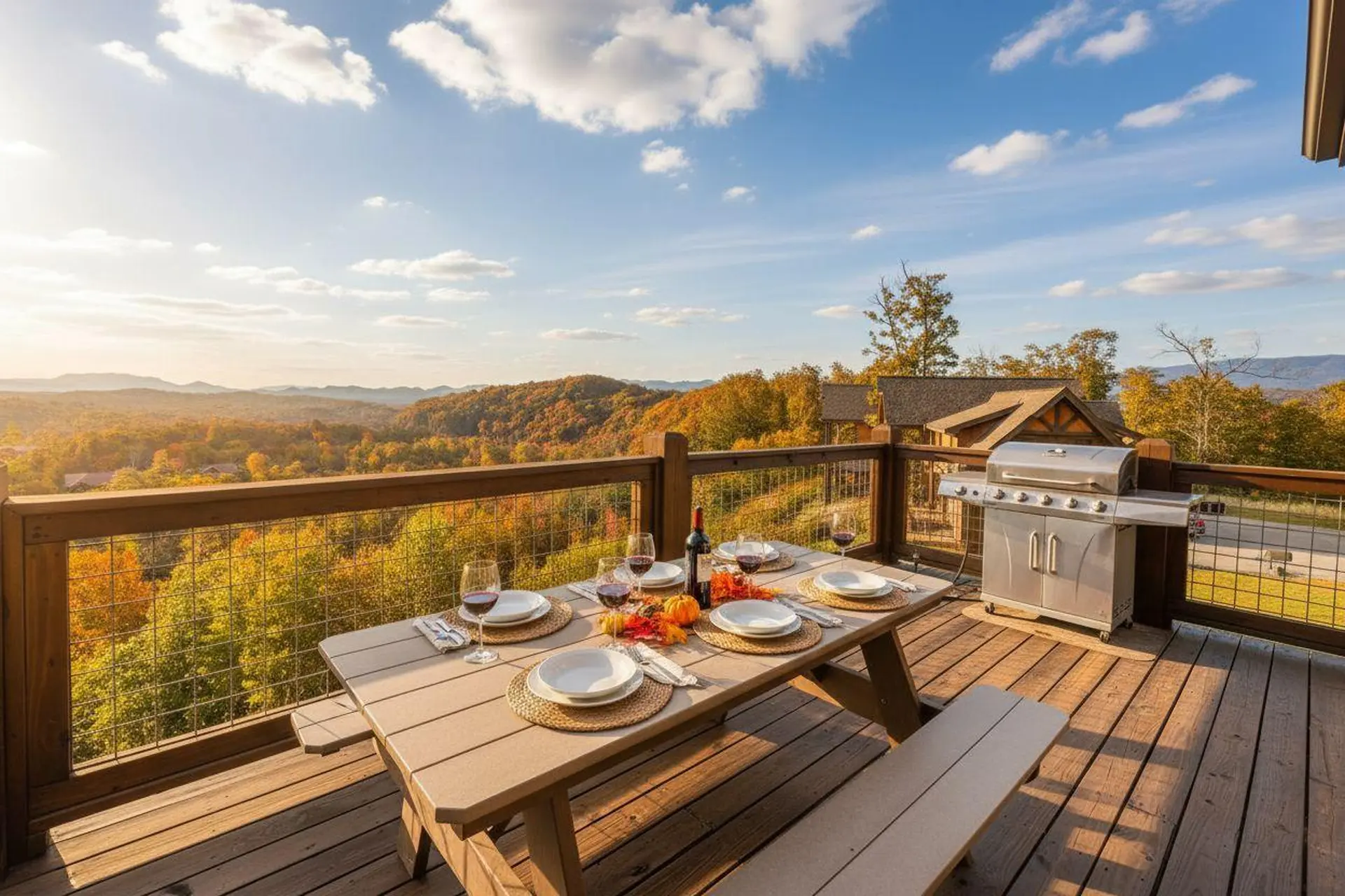A picnic table set for dinner on a deck with a barbecue and a scenic autumn view.