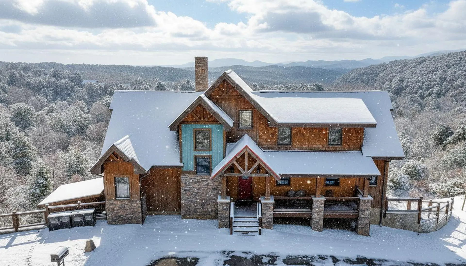 A wooden lodge covered in snow during a snowfall, with a mountainous background.