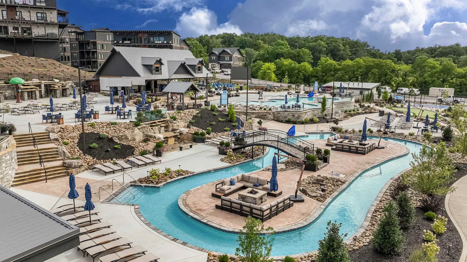 Luxury resort with lazy river, pools, cabanas, fire pit, and miniature golf.