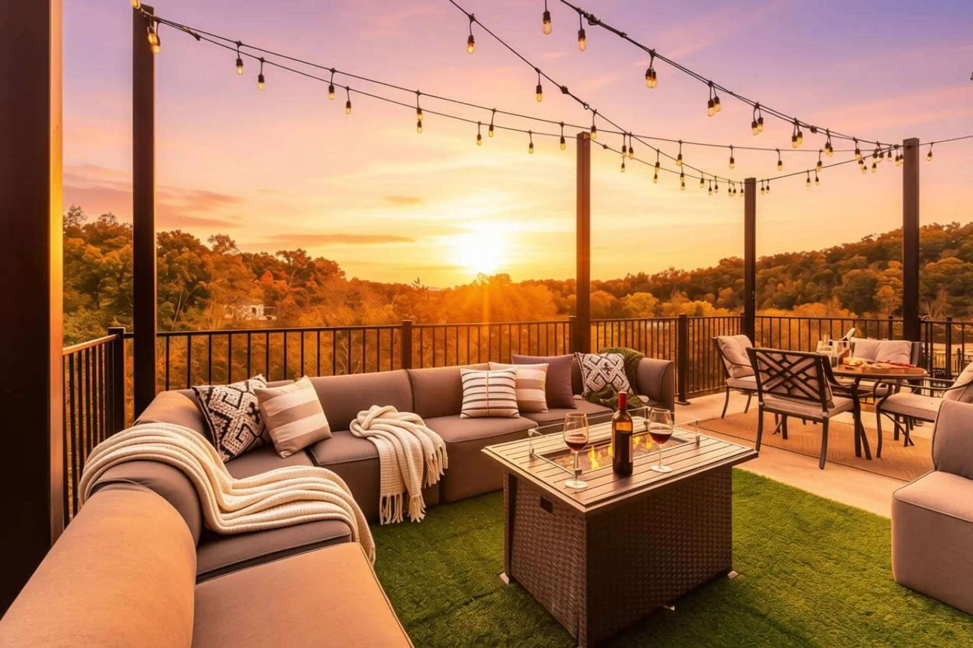 Outdoor patio with fire pit and seating at sunset.