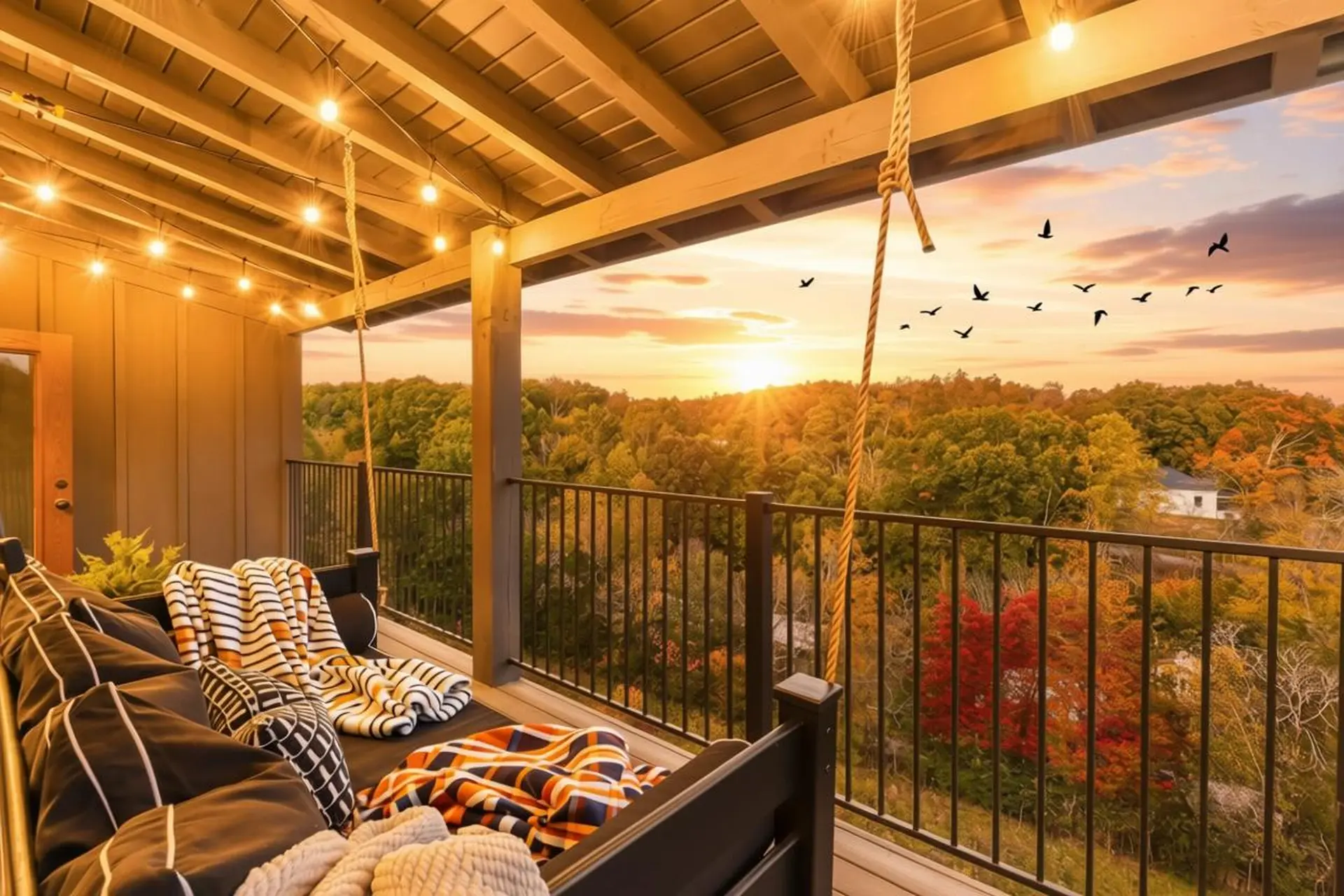 Sunset view from balcony with string lights, swing, and autumn foliage.