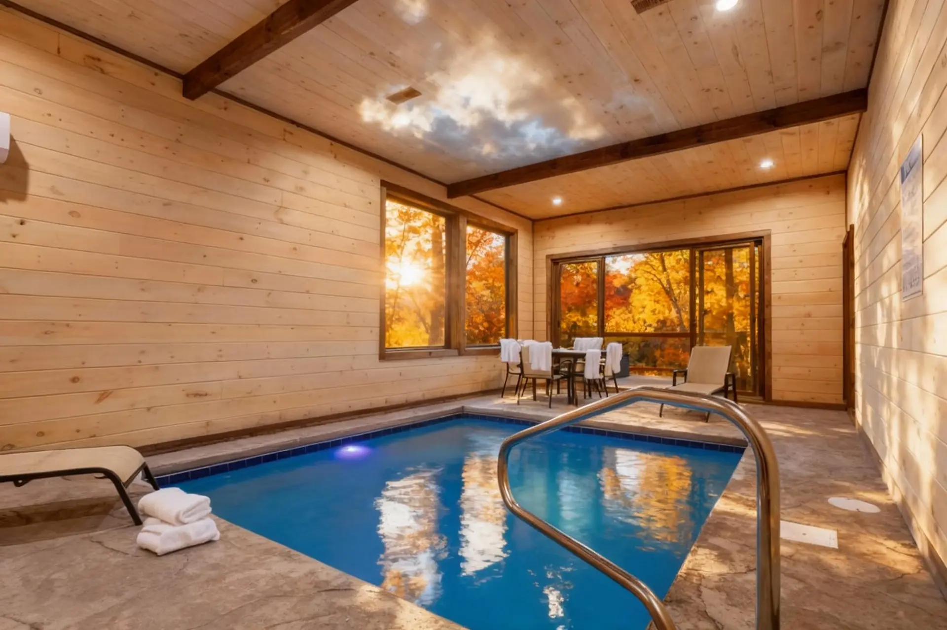 Cozy indoor pool area with wooden walls, windows overlooking autumn foliage, and a seating area.