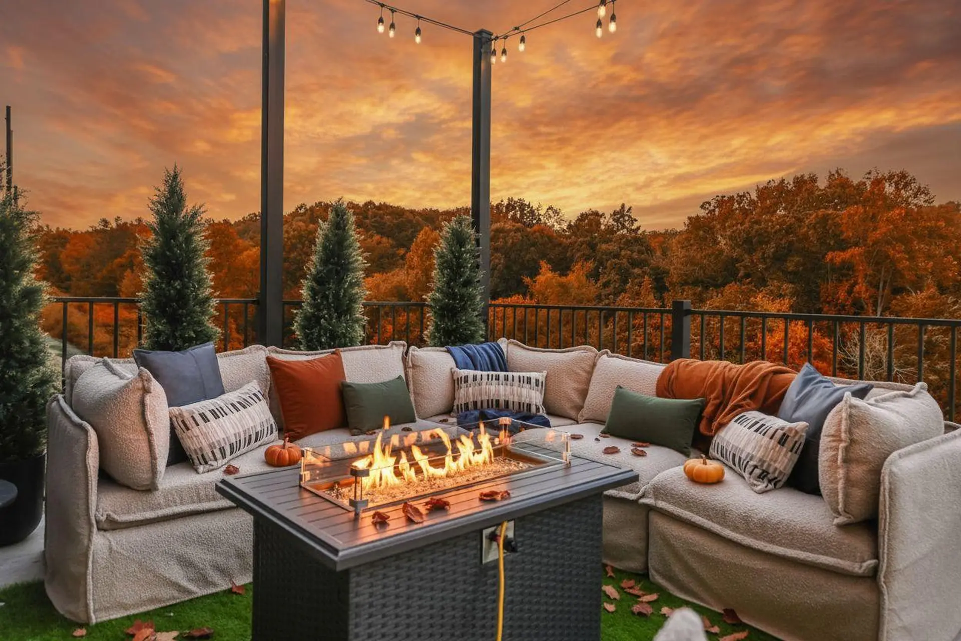 Outdoor seating area with a fire pit and view of autumn trees during sunset.
