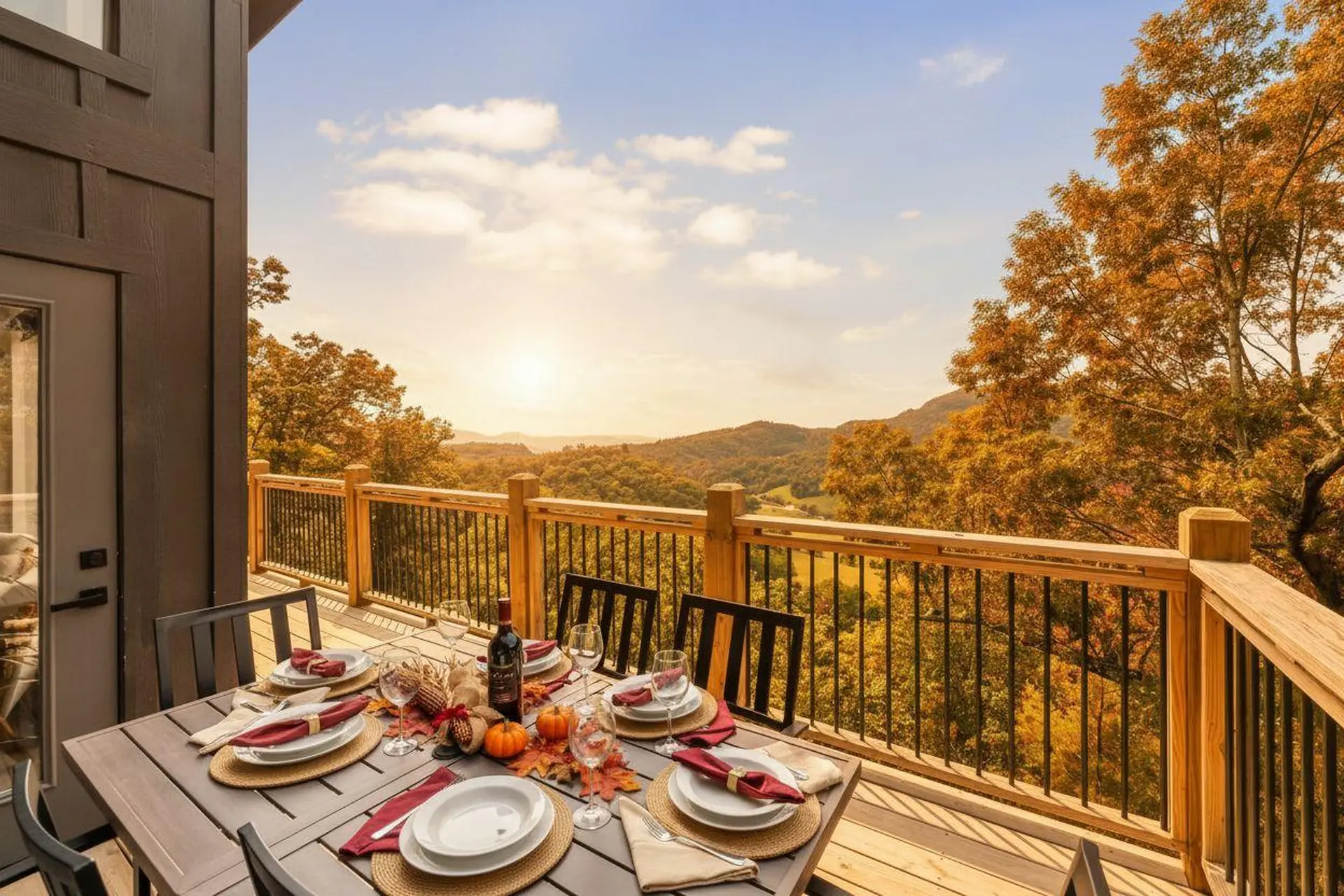A formal table setting on a deck overlooks a valley with autumn foliage.