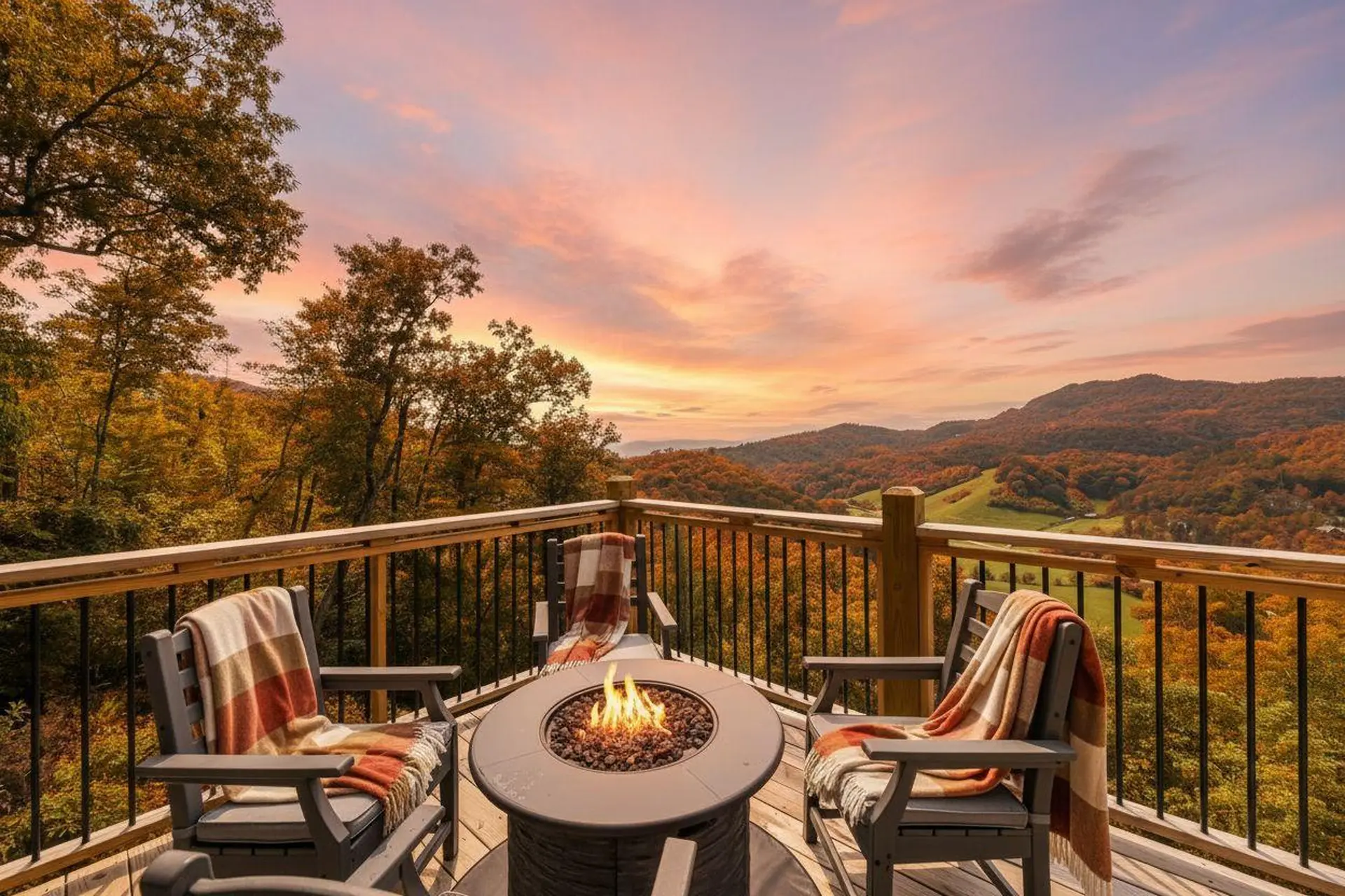 Cozy deck with chairs, fire pit, and colorful autumn mountain view at sunset.