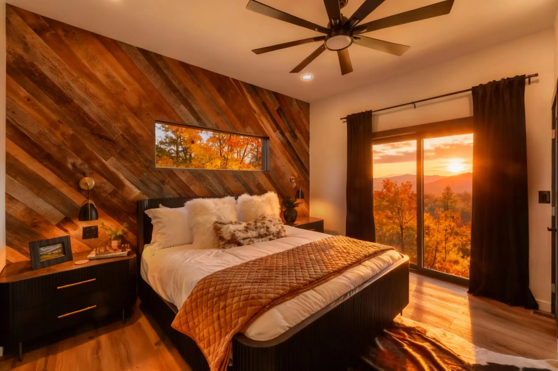 A bedroom with wood-paneled walls, a large bed, and a stunning sunset view.