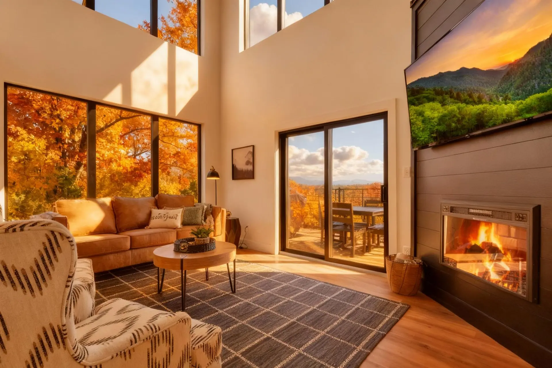 Living room with a cozy fireplace, comfortable sofa, and large windows overlooking autumn foliage.