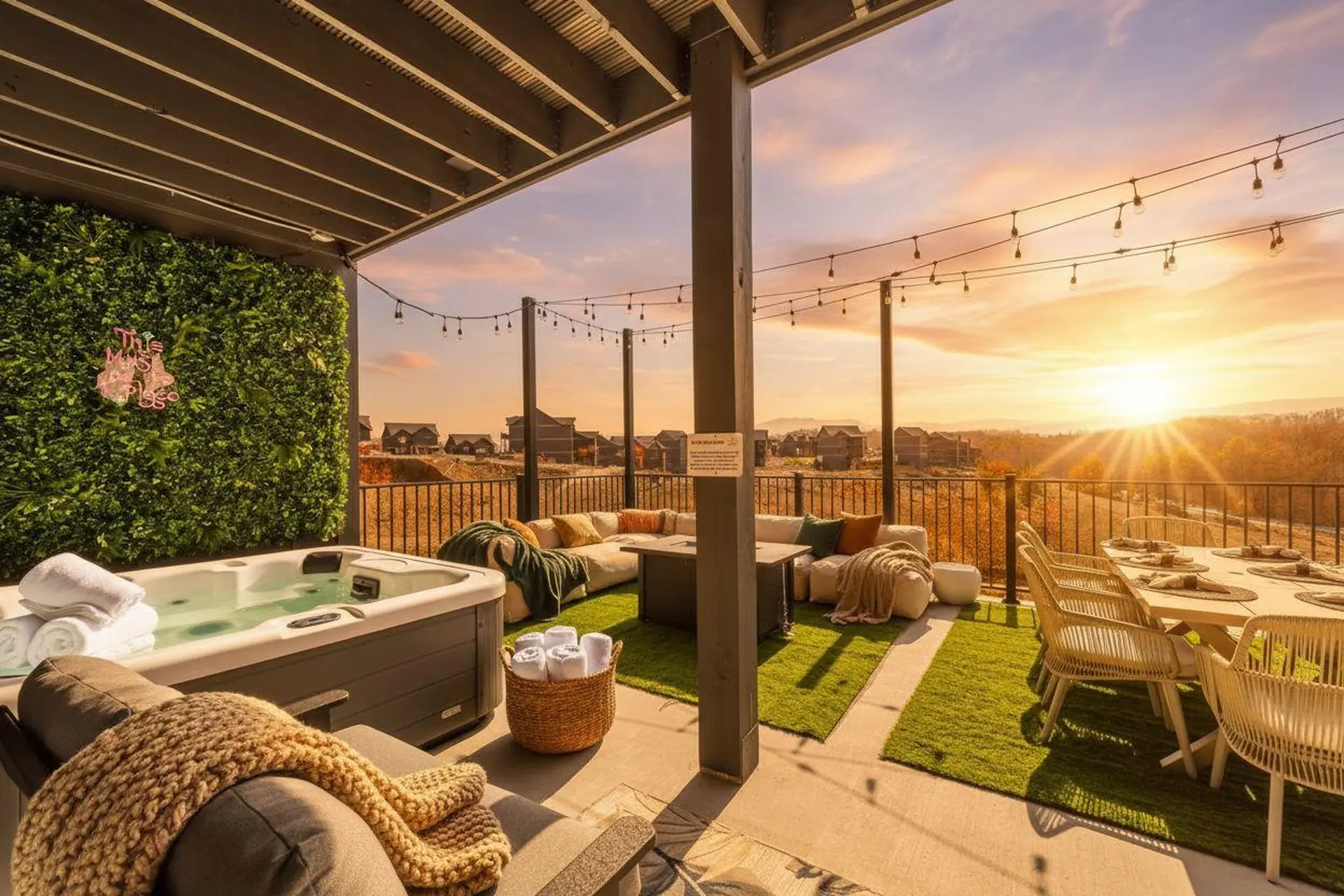 A deck with a hot tub, lounge area, and dining table overlooks a sunset.