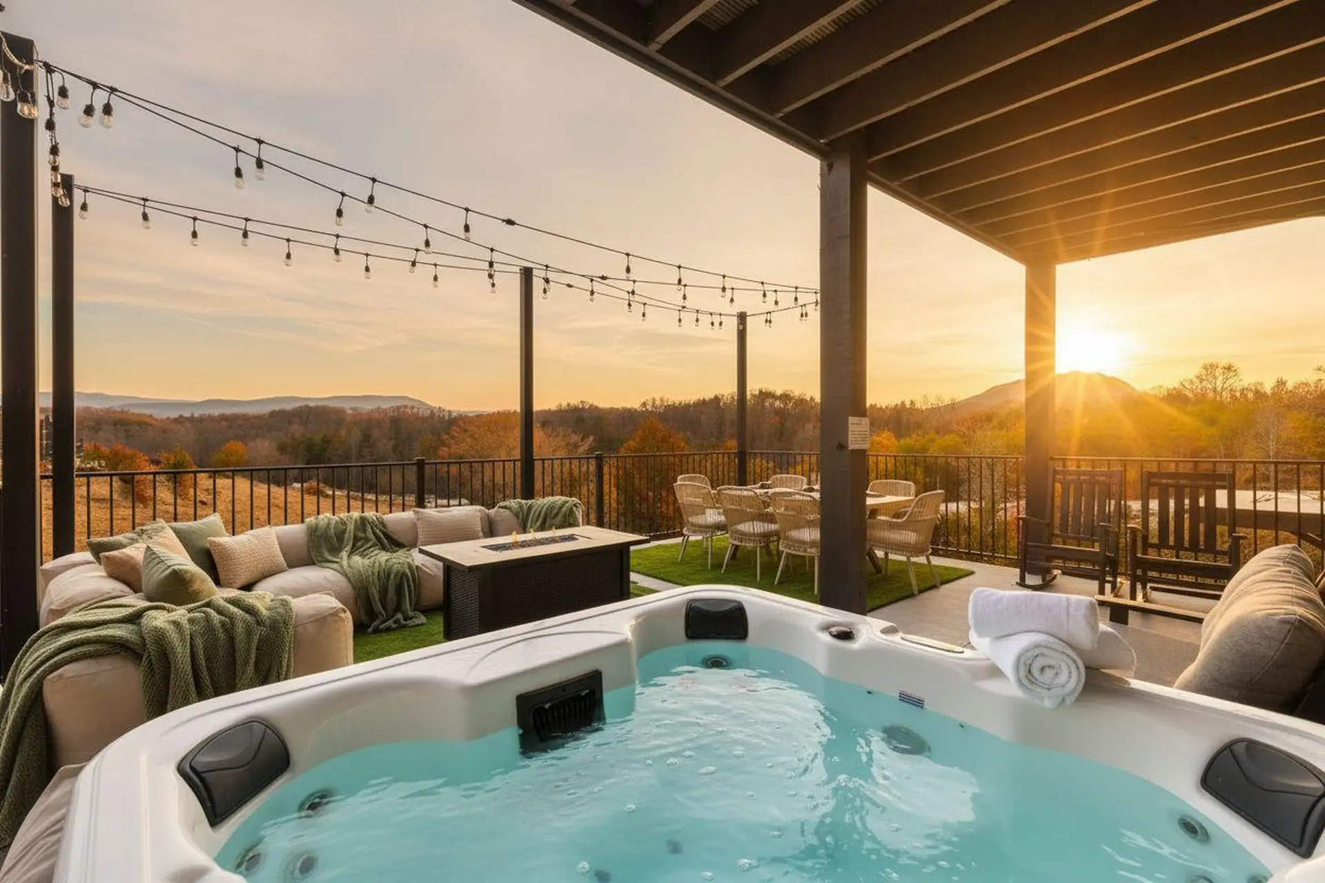 Hot tub on deck with mountain view at sunset, featuring string lights and outdoor furniture.