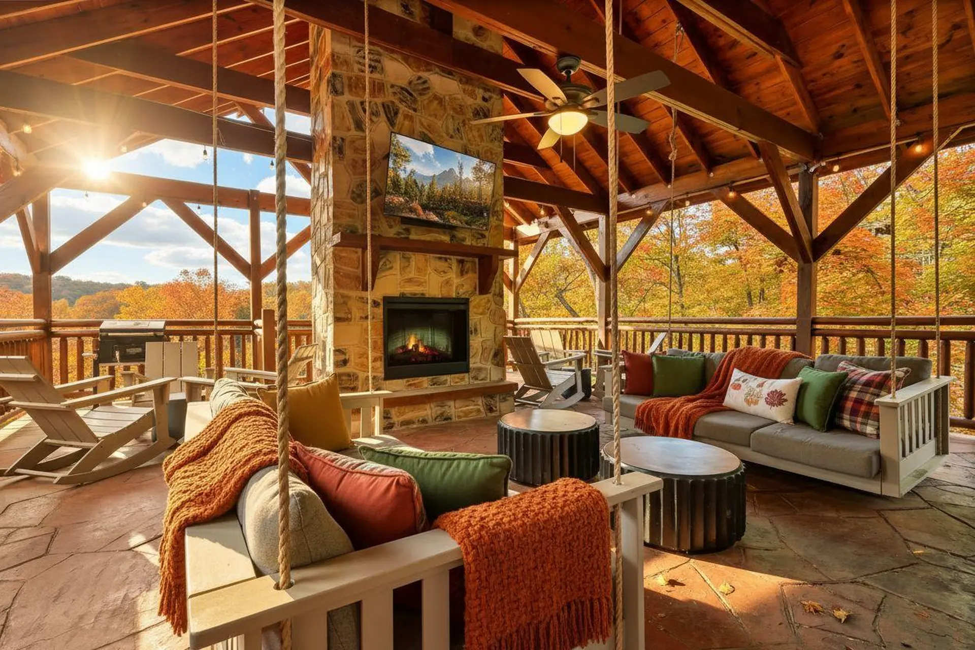 Cozy porch with fireplace, swings, sofa, and autumn foliage.