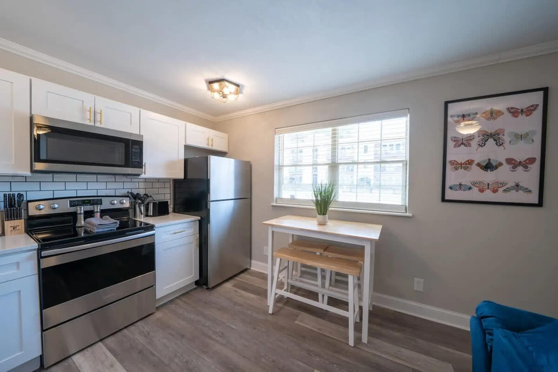 Modern kitchen with stainless steel appliances, white cabinets, and a dining area with a butterfly a