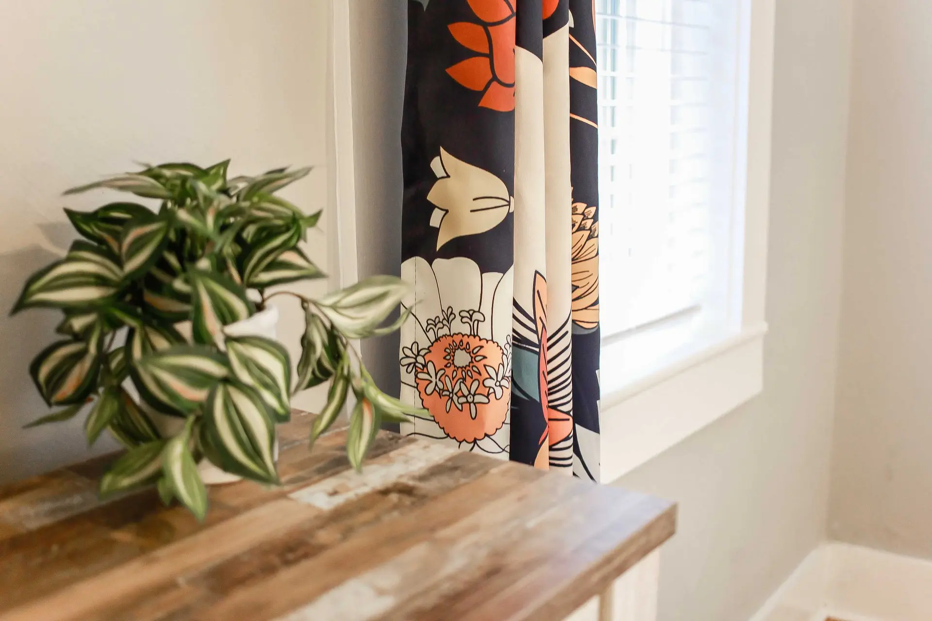 A potted plant sits on a wooden table next to a window with floral curtains.