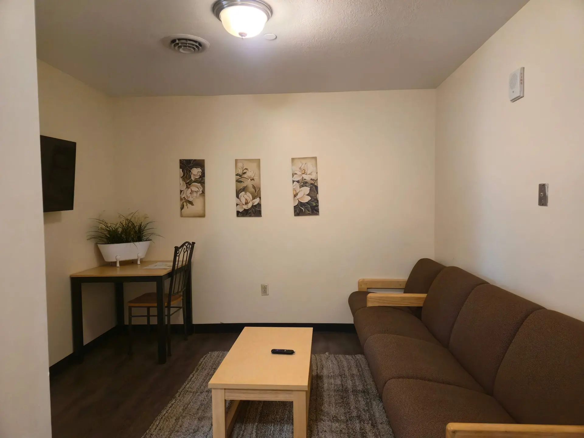 A well-lit living room with a brown couch, a coffee table, and a desk.
