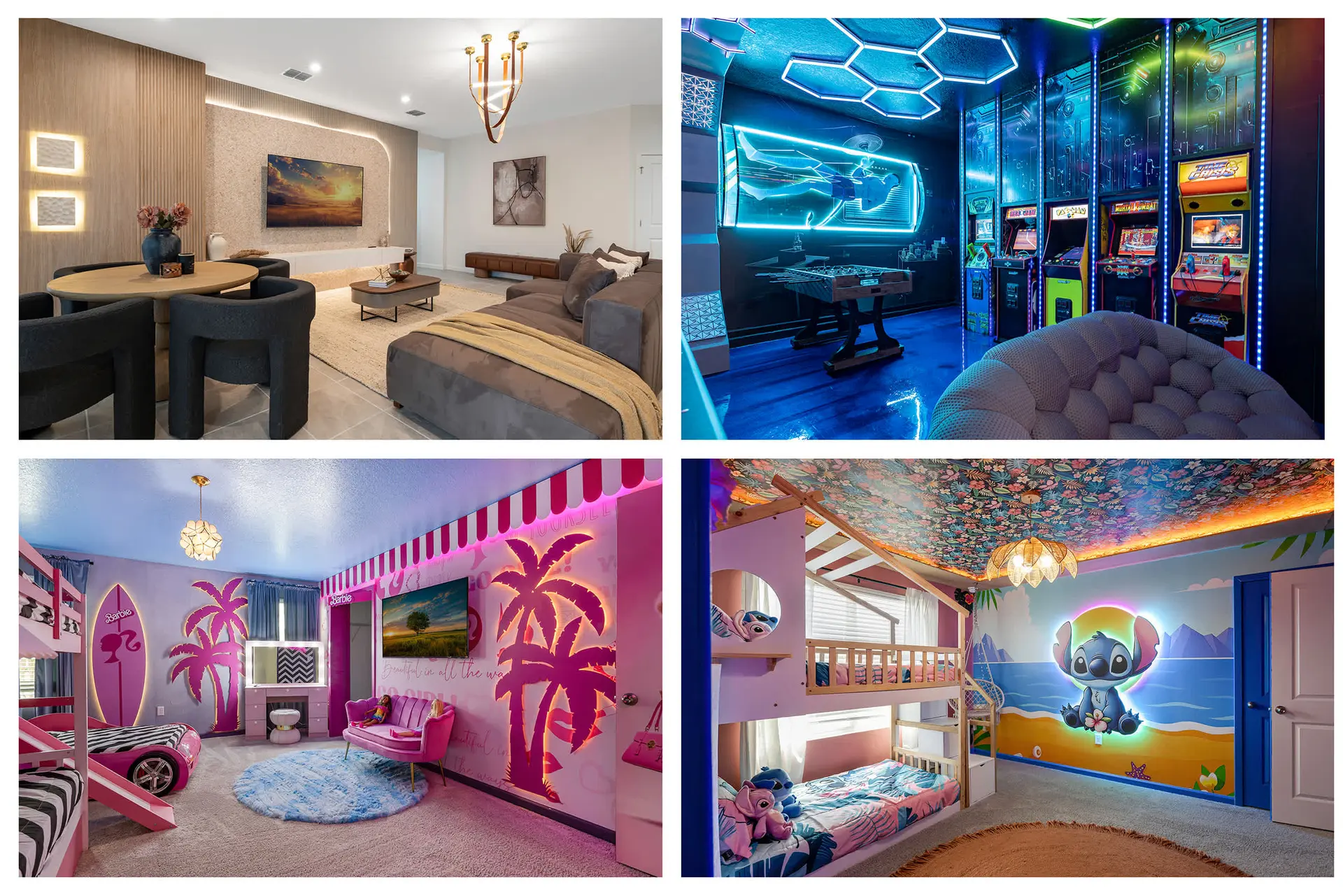 Four themed rooms: modern living room, arcade room, Barbie bedroom, and Stitch-themed bedroom.