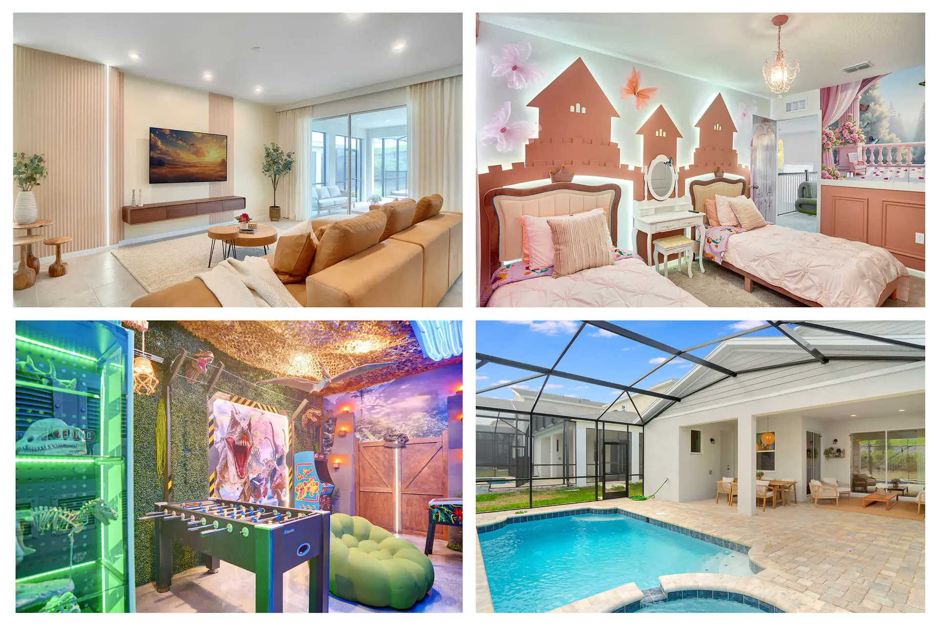 Collage of four images: living room, bedroom, game room, and pool area.