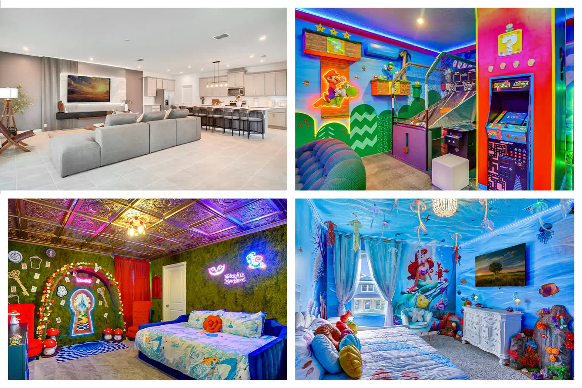 **Top-left:** A modern living room and kitchen with gray furniture and island seating.
**Top-right:*