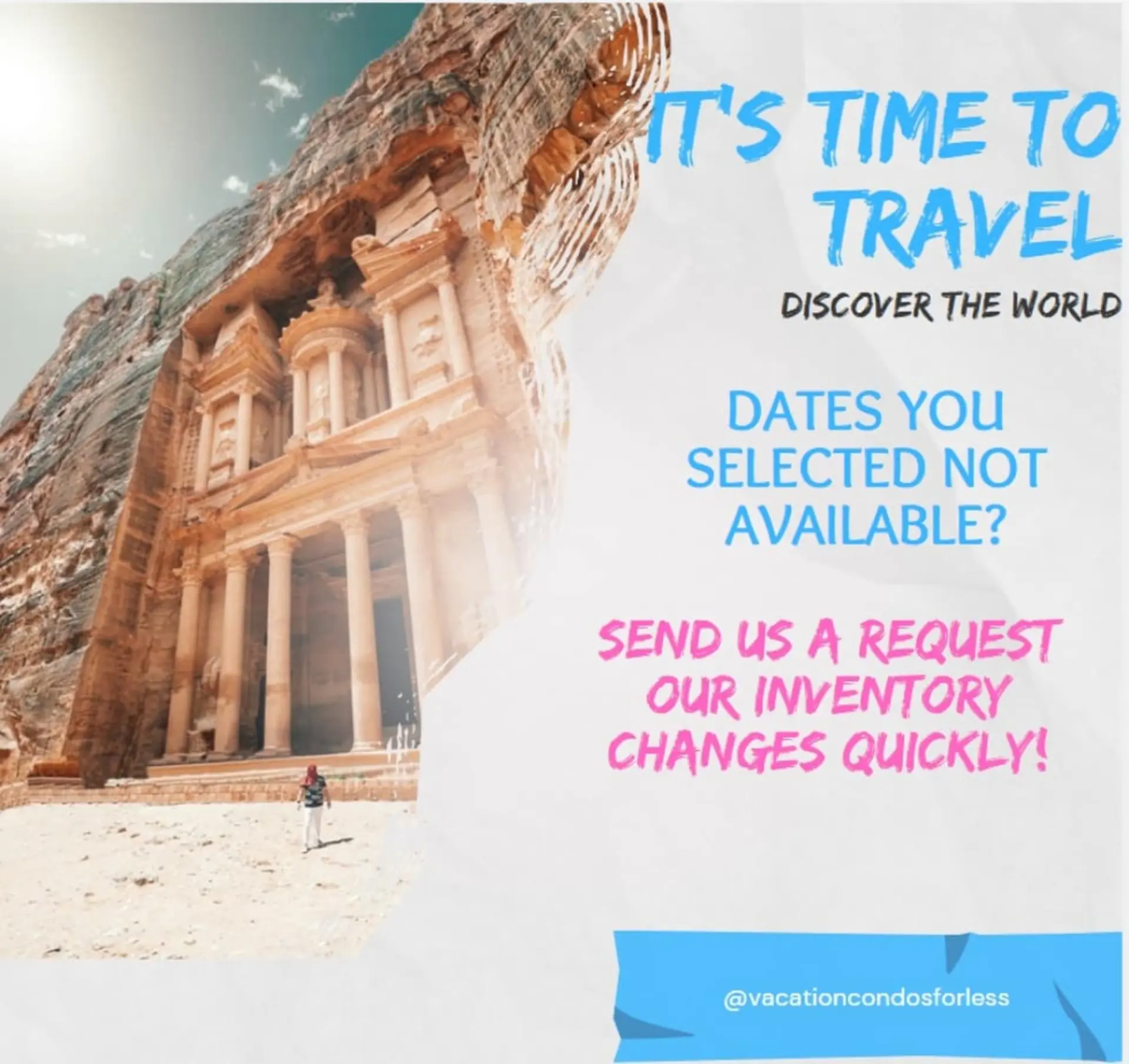 A photo of Petra, Jordan, with the text "It's Time to Travel."