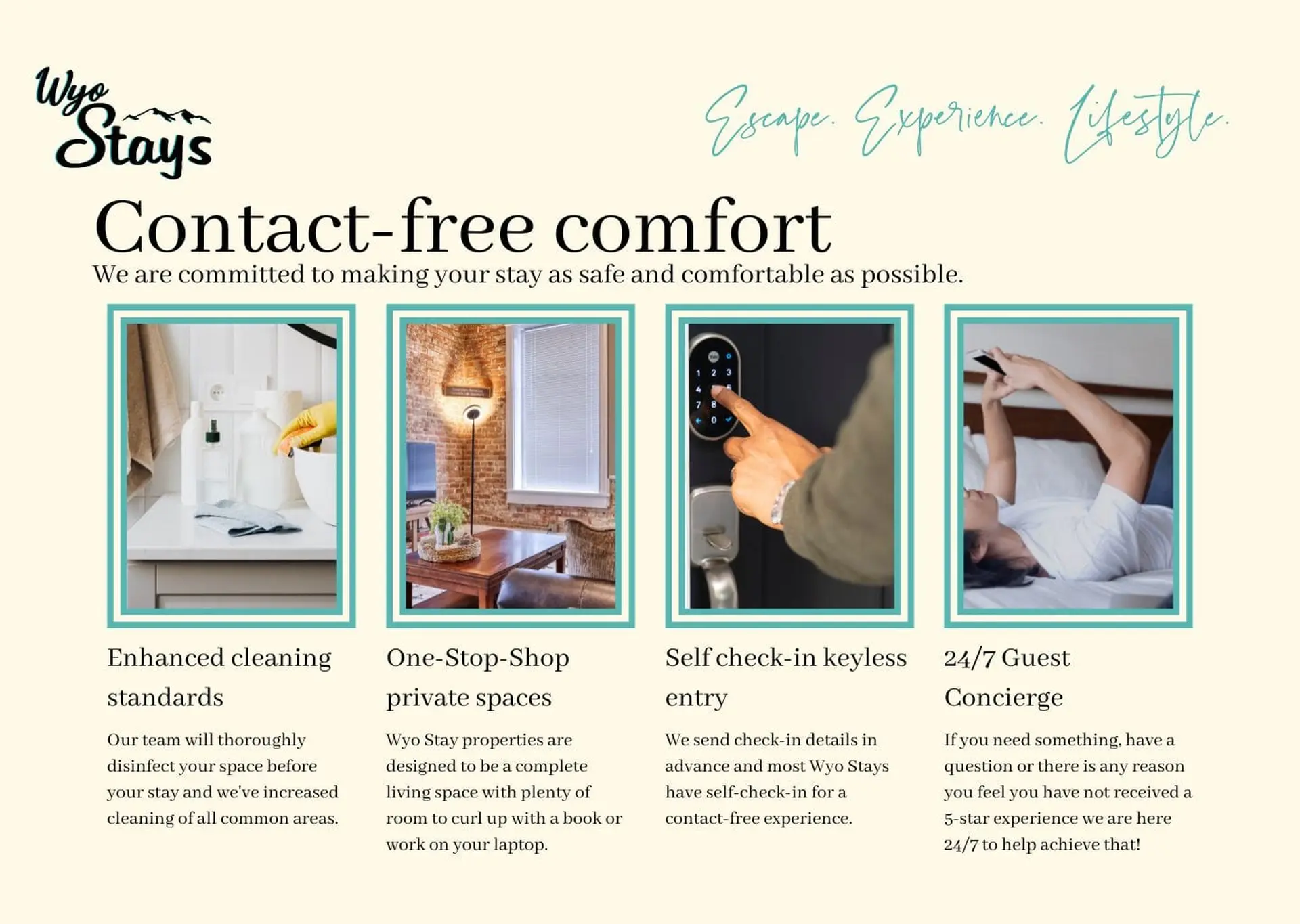 **Alt text:** "Wyo Stays" logo above "Contact-free comfort". Four images show cleaning supplies, a l