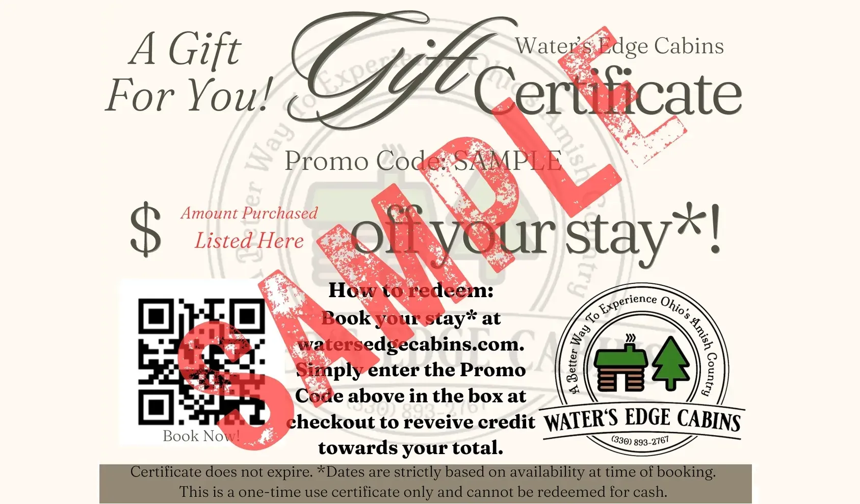 Sample gift certificate shown